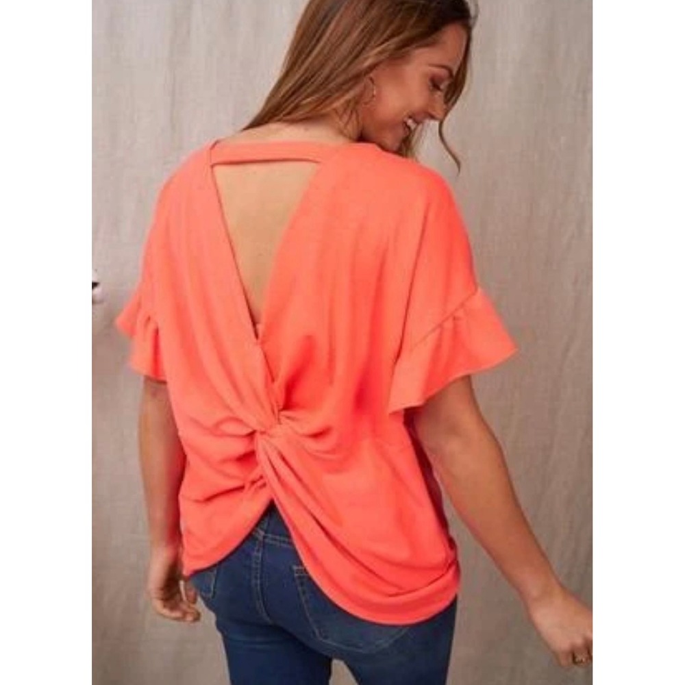 Women's Plus Size 3x Knot Twist Flutter Short Sleeve Bright Coral Flirty Top
